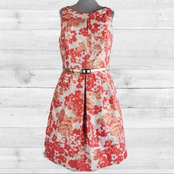 Tahari ASL Gold Metallic Jacquard Floral Dress - Picture 2 of 8